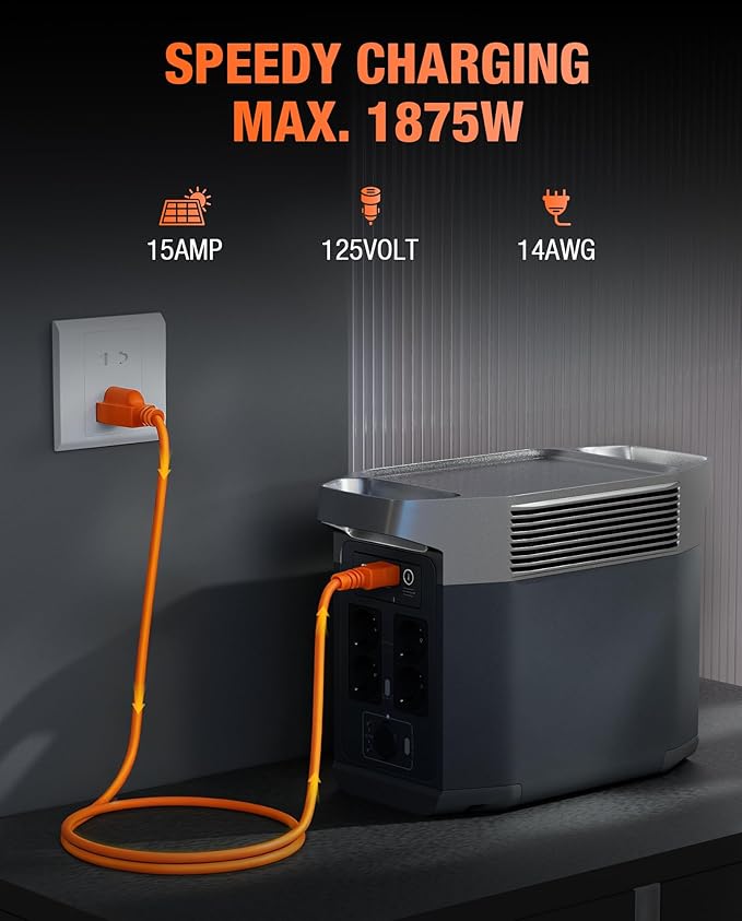 Heavy-Duty Power Station Charging Cable, 14AWG Fast Charger Cable for Jackery Explorer 2000/1500/1000 Pro,Ecoflow Delta/River Series,Bluetti EB3A;Anker 757/767, 125V 15A AC Power Cord Orange(10FT)