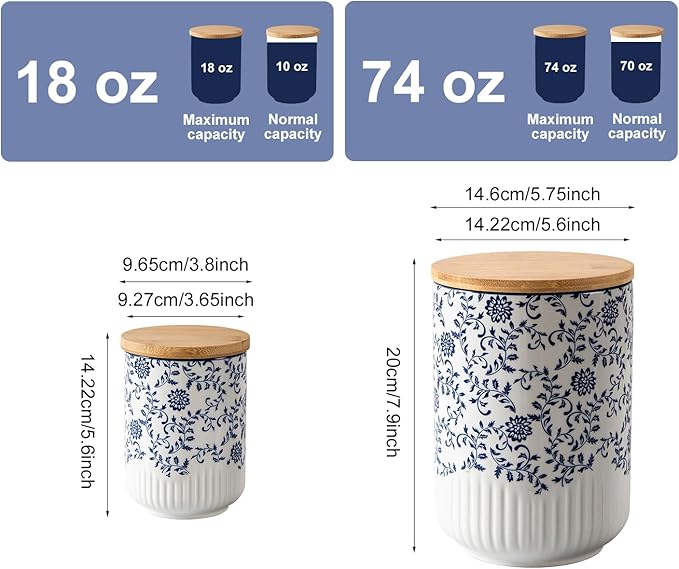 Canisters Sets for the Kitchen - 2 Pcs 74/18 oz Ceramic Kitchen Containers for Countertop with Airtight Wood Lids - Flour and Sugar Containers for Coffee Tea Spice Beans Cookie Jars - Blue