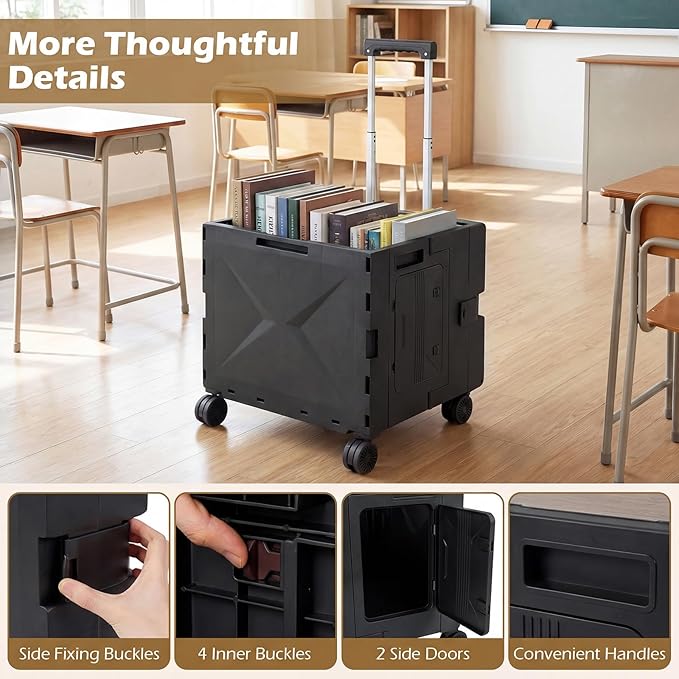 Goplus Foldable Utility Cart, Portable Rolling Crate Handcart with 4 Rotate Wheels, Telescoping Handle, Lid & Cup Holder for Travel, Shopping, Luggage, Grocery, Office & Teacher (Black)