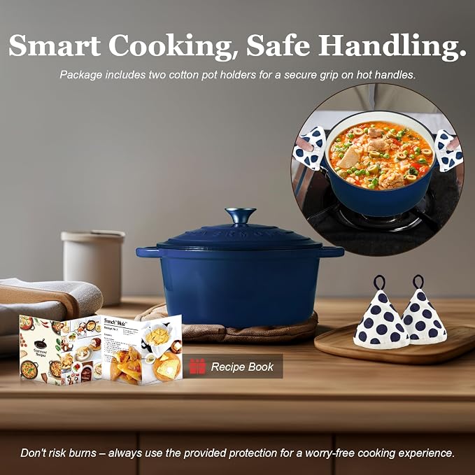 Overmont Enameled Cast Iron Dutch Oven - 7QT Pot with Lid Cookbook & Cotton Potholders - Heavy-Duty Cookware for Braising, Stews, Roasting, Bread Baking IndigoBlue