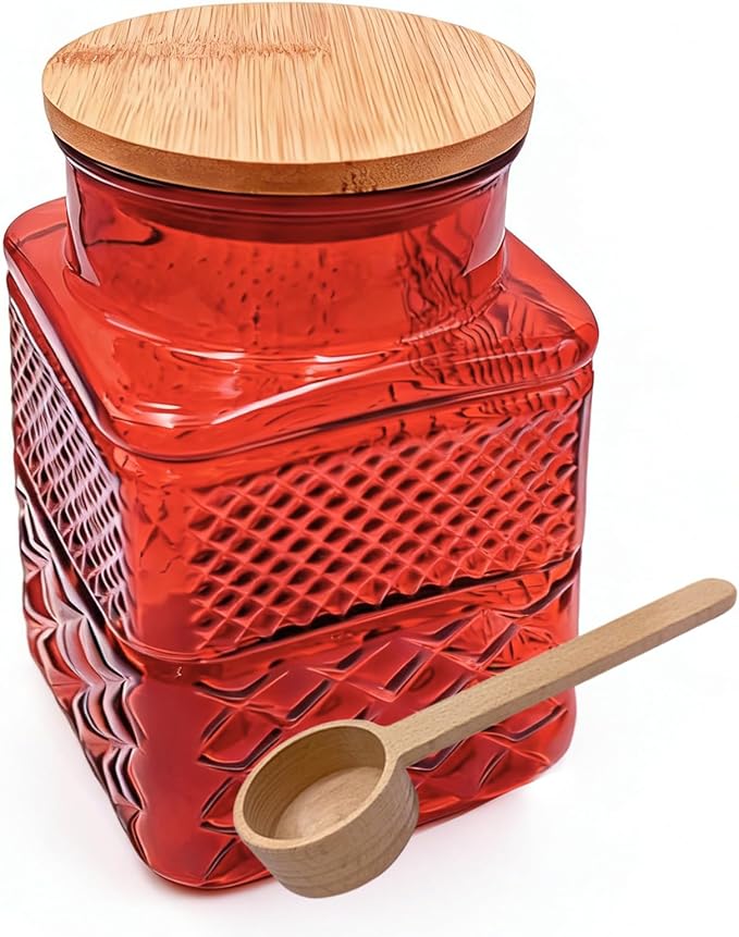 Coriario 60oz Decorative Glass Jar with Airtight Lid and Wood Spoon Red Square Vintage Glass Storage Jars Canisters for Food Candy Counter Flour Sugar Cookie Coffee Tea