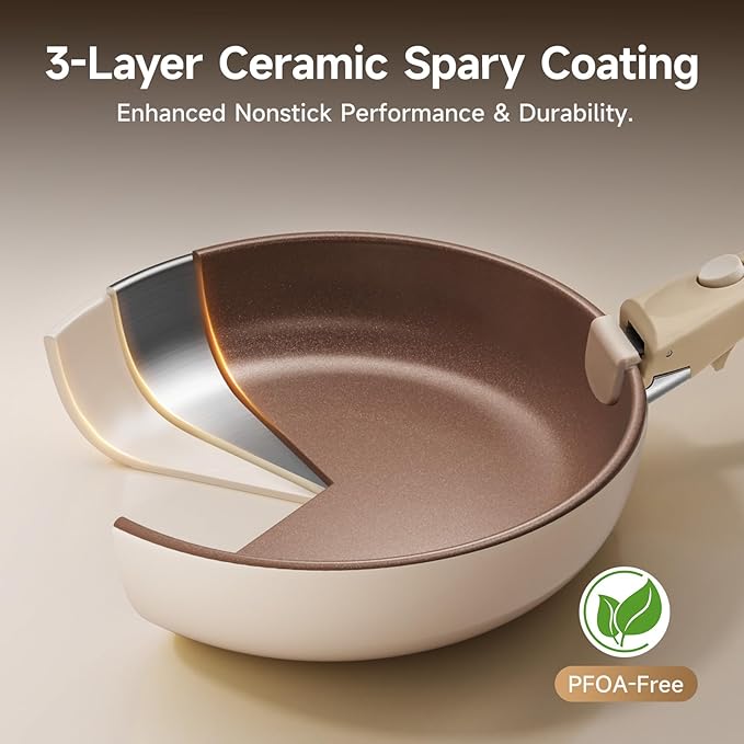 17-Piece Pots and Pans Set with Detachable Handle, Ceramic Nonstick Cookware Set, Thickened Base Brown Cookware Set, Stackable RV Pots and Pans Set for Camper(PFOS, PFOA Free)