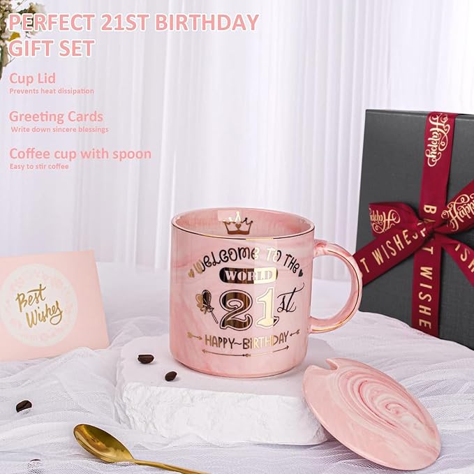 Happy 21st Birthday Gifts for Her - 14oz Pink Marble Coffee Mug with Gold Print, Funny 21 Bday Gift Idea Presents for 21 Year Old Women, Daughters, Girls, Female Friends, with Greeting Card, Gift Box