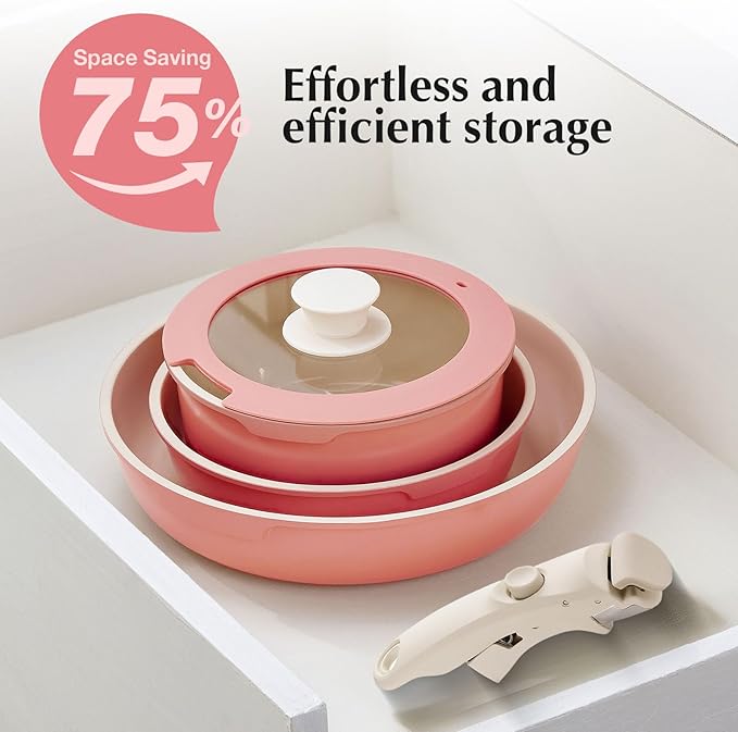IKTU Ceramic Pots and Pans Set Non Stick Pink, 5Pcs Nonstick Cookware Set with Detachable Handle RV Camping Induction Kitchen Cookware Set Non Stick, PFAS PFOA & PTFE Free