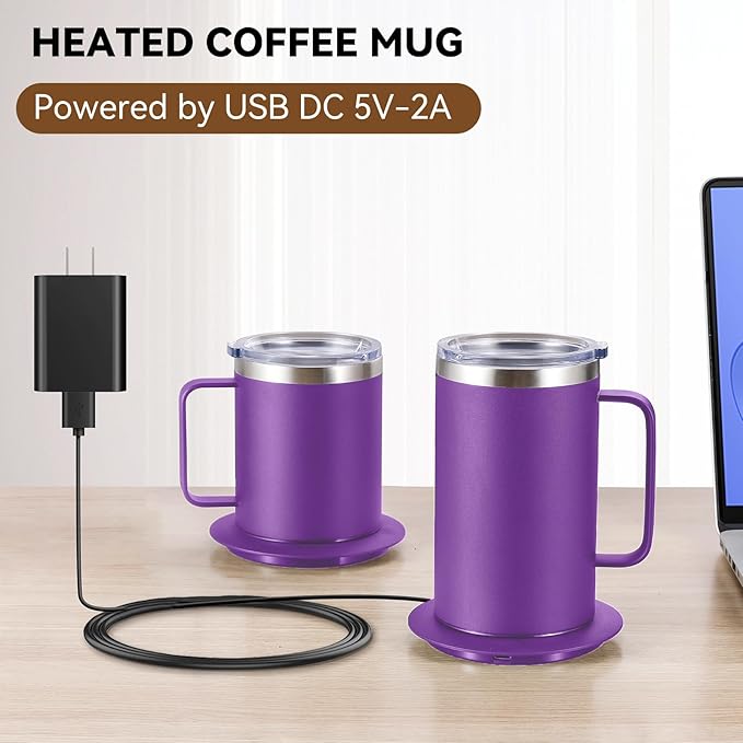 DEQIANG Self Heating Coffee Mug, Heated Coffee Mug with Smart Mug Warmer & Ergonomic Handle, Auto Heat to 131°F, USB-Powered Desk Warmer for Office Home Use, Ideal Coffee Lovers Gift (17oz Purple)