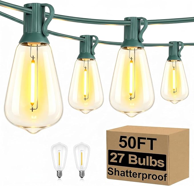 Brightever 50FT Outdoor String Lights Waterproof, 2700K Bright LED Patio Lights with 27 ST38 Shatterproof Vintage Bulbs, Retro Edison String Lights for Outside, Garden, Christmas Decor, Green Wire
