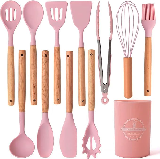 Kitchen Silicone Cooking Utensil Set with Wooden Handles Holder, Great for Cooking, Mixing, Scoop, Scrape, Non stick Heat Resistant (Pink -12pcs Sets)