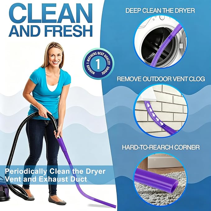 3 Pieces Dryer Vent Cleaner Kit: Vacuum Hose With Brush & Gloves Fits for Vacuums Cleaner, Refrigerator Condenser Coils, Tight Spaces Behind Appliances, Deep Cleaning Tools for Clogged Ducts- Purple