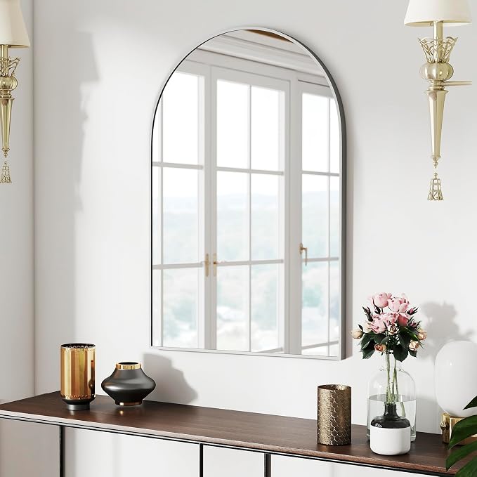 SCWF-GZ 24x36 Arch Mirror Square Full Length Wall Mounted Hanging or Against Wall Metal Aluminum Alloy Frame Dressing Make-up Mirrors for Entryway Bedroom Bathroom Living Room 24 36 inch Silver