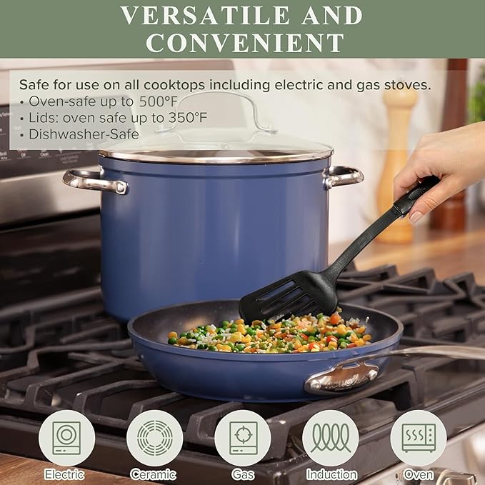 Nuwave Healthy Duralon Blue Ceramic Nonstick 12pc Cookware Set,Diamond Infused Scratch-Resistant,PFAS Free,Dishwasher & Oven Safe,Induction Ready & Evenly Heats, Tempered Glass Lids, Stay-Cool Handles