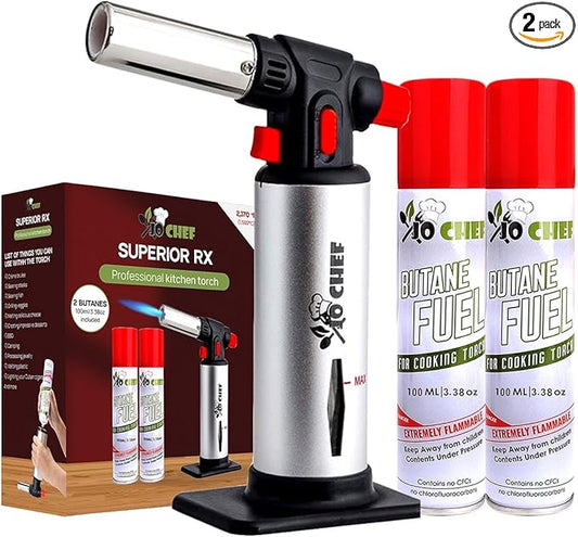 Jo Chef Kitchen Torch with Butane Included – Refillable butane torch Lighter with Safety Lock & Adjustable Flame, Culinary Blow Torch for Cooking, Creme Brulee and Soldering 2 Cans (3.38oz) Included
