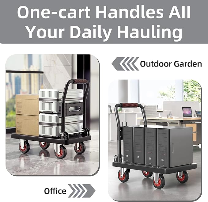 Upgraded Foldable Push Cart Dolly,560 lbs. Capacity Moving Platform Hand Truck,Heavy Duty Space Saving Collapsible,4‘’ TPR 360-Degree Silent Wheels,2 Swivel Wheels and 2 Fixed Wheels(Red Wheel)
