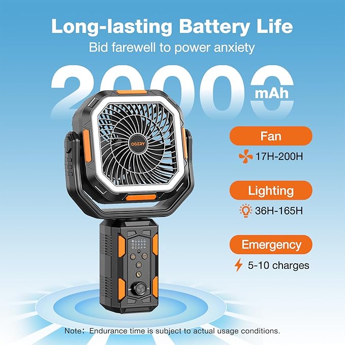 OGERY Camping Fan, Portable Fan with Adjustable Height Stand, 20000mAh Rechargeable Battery Powered Fan with Remote, LED Light, Auto Oscillation, Fast Charging, Floor or Desk Fan for Tent, RV, Travel