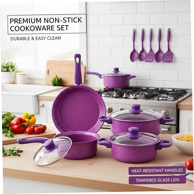 Nonstick Cookware Set, 13-piece Nonstick Cookware Set, Non Stick Pots and Pans with Frying Pan, Saucepans, Milk Pot & Utensils for Home Cooking, Purple