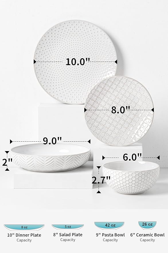 FOBENTA 16-Piece Ceramic Plates and Bowls Set,Dual Bowl Dish Set with Dinner & Pasta Bowls，Elegant Embossed Dinnerware for Modern Homes,for Microwave & Dishwasher Safe