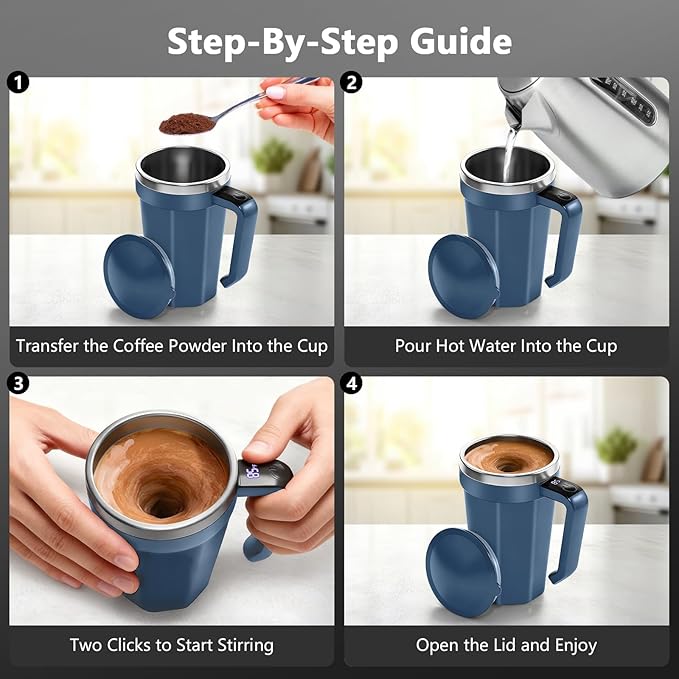 Self Stirring Coffee Mug with Temperature Display, 18 oz Rechargeable Self Stirring Mug with Lid, Automatic Self Stirring Cup, Coffee Mug with Stainless Steel for Coffee, Milk, Beverages, Blue