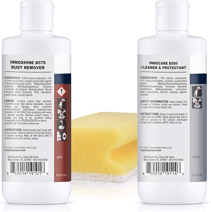 CLEAN MY STEEL Stainless Steel Rust Remover and Protector Kit, NSF Certified, 8.5 oz, Includes B570 Rust Remover, B580 Cleaner and Protector, Sponge and Gloves