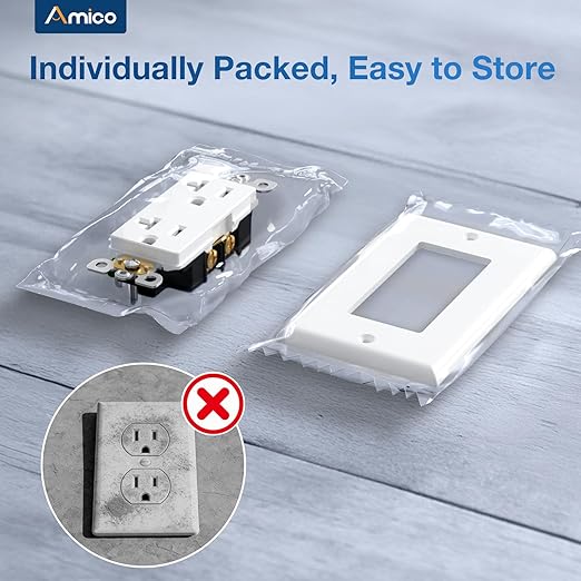 Amico 50 Pack Wall Outlet, 20 Amp Outlets, UL Listed, Tamper Resistant Standard Electrical Outlet, Decorator Receptacle with Wall Plate, Suitable for Home and Business, 125V/1875W, White