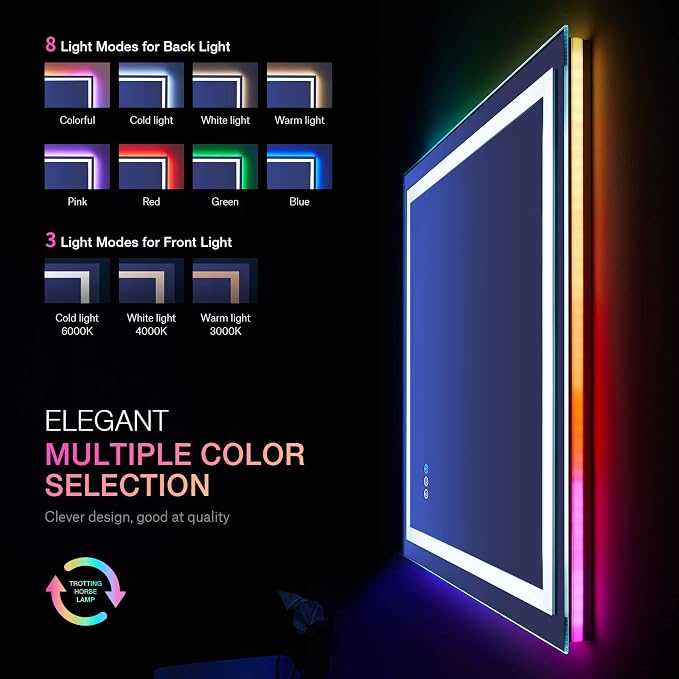 LOAAO 28"X36" RGB LED Bathroom Mirror with Lights, Anti-Fog, Dimmable, Lighted Bathroom Vanity Mirror, Multiple Light Modes, RGB Backlit + Front Light, Memory Function, Tempered Glass, ETL Listed