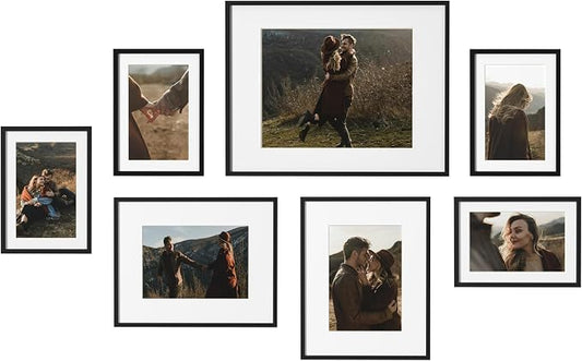 eletecpro Aluminum Gallery Wall Frame Set of 7 with Glass Cover, Black | Including 1Pc 11x14, 2Pcs 8x10, 4Pcs 5x7 Photo Frames, Multiple Sizes Picture Frames Collage Wall Decor or Tabletop Display