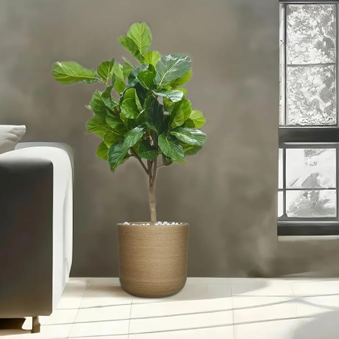 11 Inch Faux Wood Planter, Sandy Brushed Plastic Plant Pot with Drain Hole & Stopper, Lightweight Rustic Flower Pot for Indoor Outdoor, UV & Frost Resistant, Natural Wood Look