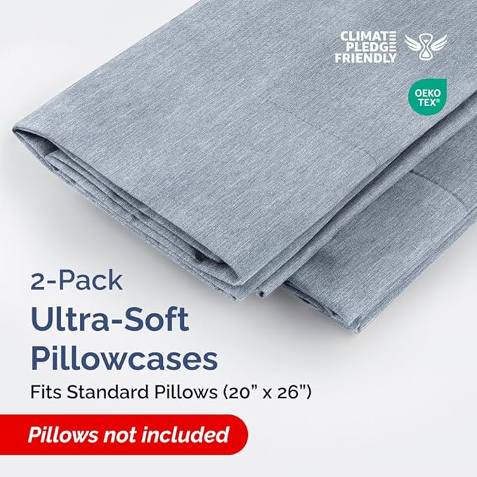 Standard Pillow Cases Set of 2 - Ultra-Soft Hotel Quality Pillowcase Covers - Comfy & Wrinkle Free - Stain and Fade Resistant - Machine Washable Pillow Protectors - 2 Piece Set - Heathered Blue
