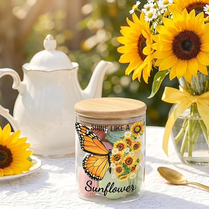 3 Pcs Sunflower Glass Storage Jars with Airtight Lids Sunflower Inspirational Candy Cookie Jars Gift Summer Floral Motivational Kitchen Decor Canister Yellow Floral Kitchen Containers Set