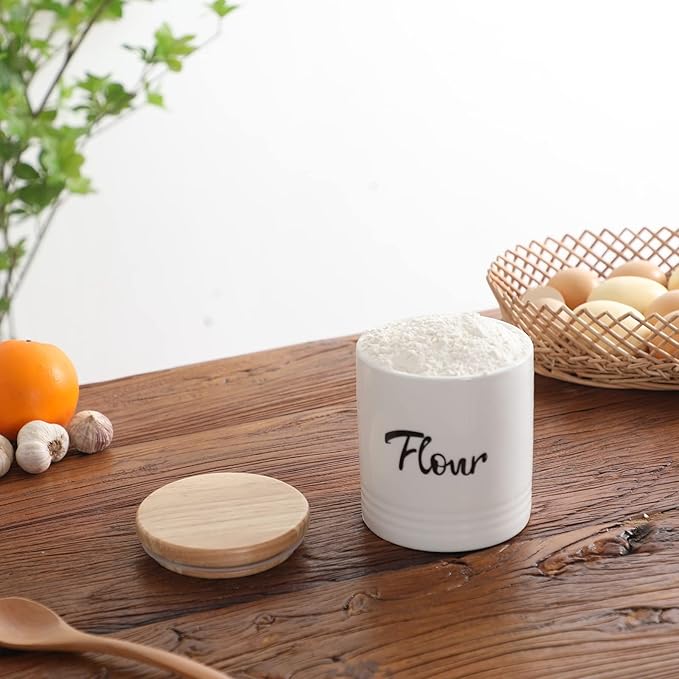 LEETOYI Porcelain Food Storage Containers with Lid, Small Size Design & Saves Space, 4.5 Inch White, Labeled Flour
