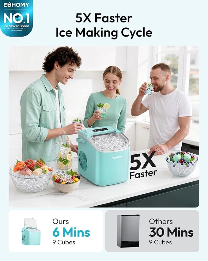 EUHOMY Countertop Ice Maker Machine with Handle, 26lbs Per Day, 9 Ice Cubes Ready in 6 Mins, Auto-Cleaning Portable Ice Maker with Basket and Scoop, for Home/Kitchen/Camping/RV (Green)