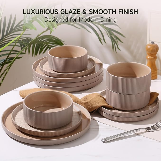 Dinnerware Sets for 4, Ceramic Plates and Bowls Set 12 Piece Dinnerware Chip Resistant Stoneware with Advanced Inkjet Printing Technology, Dishwasher and Microwave Safe-Dusty Brown