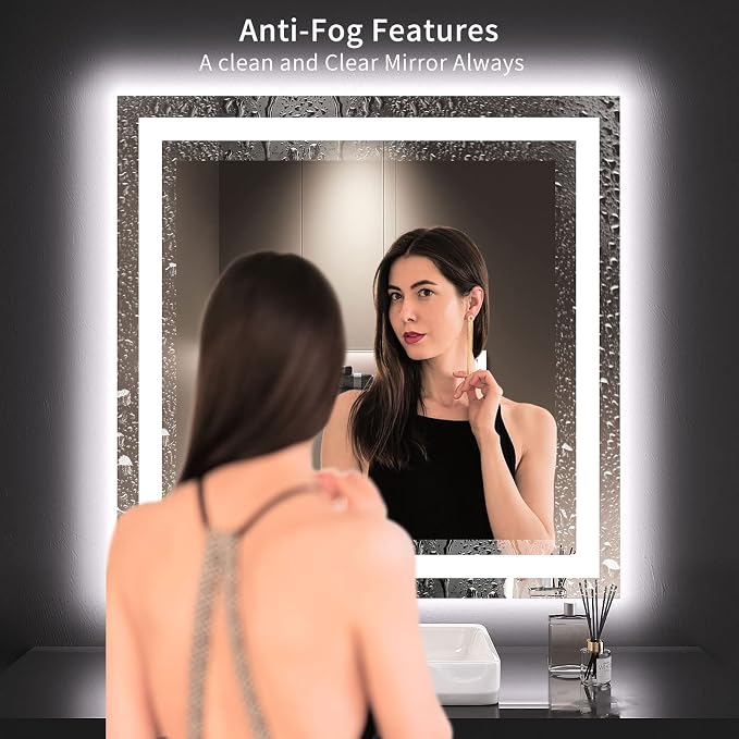 LOAAO 36"X36" LED Bathroom Mirror with Lights, Anti-Fog, Dimmable, Backlit + Front Lit, Lighted Bathroom Vanity Mirror for Wall, Memory Function, Tempered Glass, ETL Listed