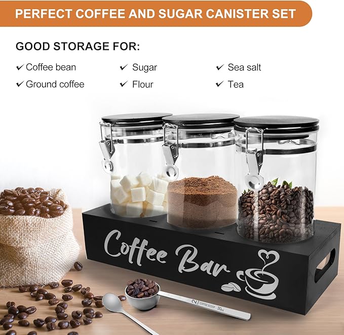 MACIFECI Glass Coffee Containers with Shelf Coffee Station Organizer 54oz Black Glass Coffees Bean Storage Canister with Spoon Coffee Canister Set Kitchen Food Storage Jars for Coffee/Sugar/Candy