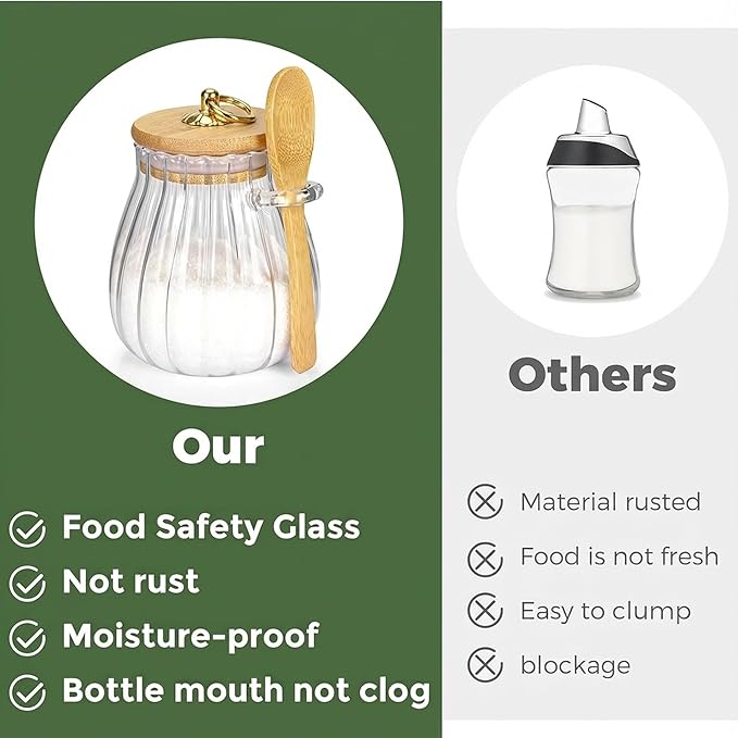 holoith Sugar Container with Bamboo Lid and Spoon,15 oz Sugar Bowl Glass Jar for Coffee Bar Accessories Coffee Canister Kitchen Decor Housewarming Gift Christmas Refillable Design