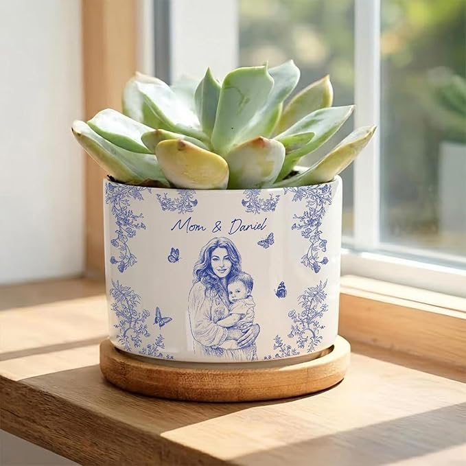 Personalized Mom Photo Plant Pot, Custom Toile De Jouy Mother Day Portrait Planter, Mom Gift, Gifts from Daughter, Grandma Gifts