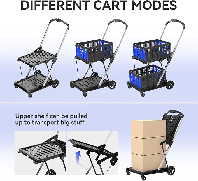 Collapsible Shopping Cart with Wheels,2 Tier Multi Use Foldable Shopping Cart with 2 Storage Crates,Folding Shopping Trolley Utility Cart for Office,Groceries, Warehouse,Supermarket,Picnic (Blue)