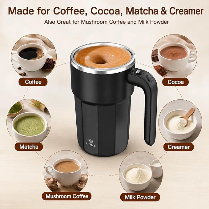 Self Stirring Coffee Mug, 12oz Rechargeable Magnetic Mixing Cup with Temperature Display, 316 Stainless Steel Electric Stirring Cup with Lid & Handle for Coffee, Cocoa, Matcha, Creamer, Mushroom Coffe