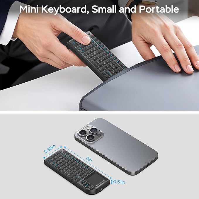 Mini Wireless Keyboard with Touchpad, 2.4G+BT Dual Mode 7-Color Backlit Remote, Compatible with PC/Tablet/TV/Smartphone, Rechargeable Handheld Portable for Travel, Office and Home Use