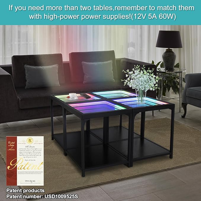 FUSLITE Infinity Mirror Light Table, Coffee Tables for Living Room, with 3D Infinity Illusion Mirror, RGB Side Table, with Tunnel Light, with Futuristic Decor, for Bedroom, Party