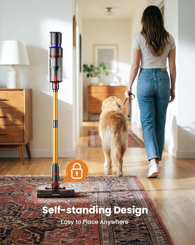 Cordless Vacuum Cleaner, 650W 55KPA 75Mins Runtime Self-Standing Stick Vacuum with LED Display for Home, Anti-Tangle, 8-in-1 Lightweight Vacuum for Hard Floor, Pet Hair, Carpet