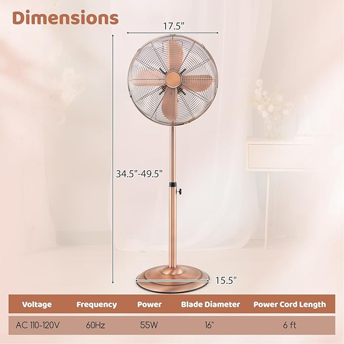 Tangkula 16-Inch Metal Pedestal Fan, Industrial Metal Standing Fan with Adjustable Height, 3 Speeds, 75° Oscillation & 20° Head Tilt, Floor Fan with Weighted Base for Living Room Office (Copper)