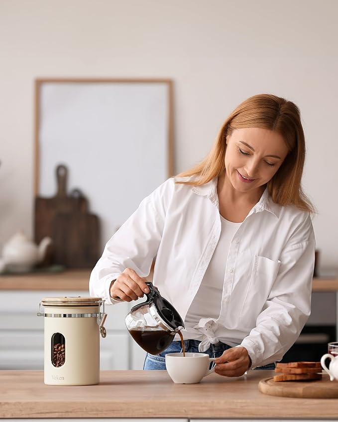 Veken Coffee Sugar Canister with Window, Mothers Day Gifts For Women,Airtight Stainless Steel Kitchen Food Storage Container, Date Tracker & Scoop for Grounds Coffee, Beans,Tea,Flour,Cereal,22OZ,Cream