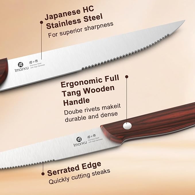imarku Steak Knives Set of 6, 9-Inch Serrated Steak Knife Set, Japanese High Carbon Stainless Steel, Razor-Sharp Blades with Gift Box