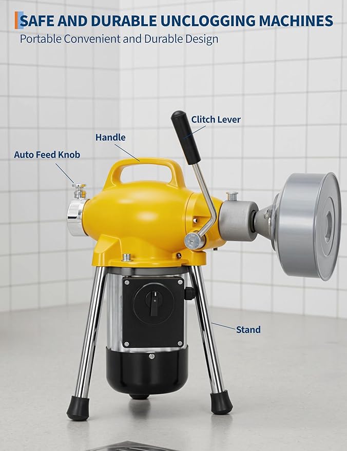GarveeLife Electric Sewer Snake Drain Auger, Drain Cleaner Machine with 66FT x 5/8" & 16FT x 3/8" Steel Cables, 7 Cutters, 500w Power Auto Feed Pipe Snake for 3/4" to 4" Pipes for Sink Toilet Drainage