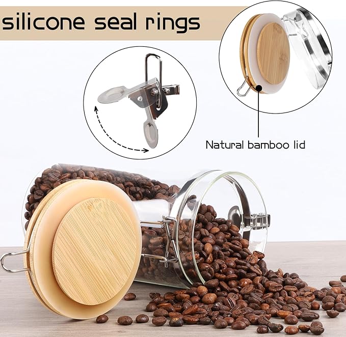 3 x 54 oz Glass Coffee Bean Storage Container with Shelf 3PCS Glass Containers with Airtight Locking Clamp Lid Spoons Coffee Canister Set Jars for Kitchen Food Storage Tea Sugar Wood