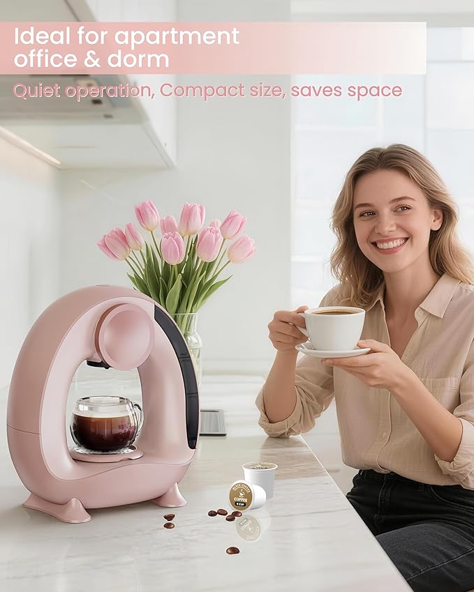 3 in 1 Single Serve Coffee Maker for K Cup Pink, Ground and Tea Leaves, Mini K Cup Coffee Brewer with One Button Operation, 1400W 20s Fast Heating,Compact for Small Spaces-Glass not included