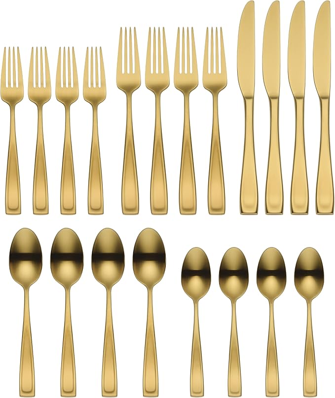 Oneida Silverware Set, Moda Gold Satin 20 Piece Flatware Set, Service For 4, 18/10 Stainless Steel, Dishwasher Safe, Flatware Cutlery Sets, Utensils, Knives Spoons and Forks, Home (Gold, 20 Pieces)