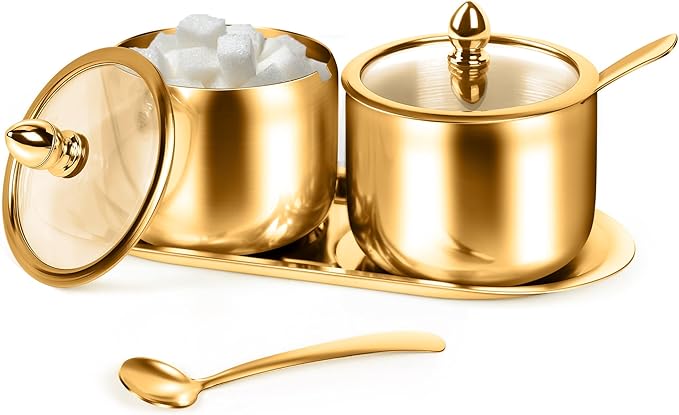 holoith 2 Pcs Coffee and Sugar Dispenser with Tray - 10 oz Sugar Bowl with Glass Lid and Spoon for Coffee Bar Accessories Kitchen Storage for Salt,Coffees Bean,Brown Sugar Cubes (Gold)