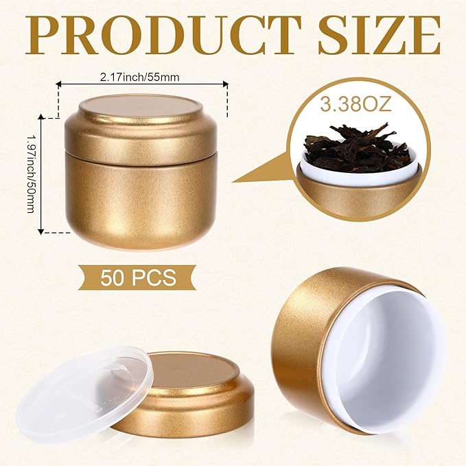 Suclain 50 Pack Small Tea Tin Canisters Bulk with Airtight Double Lids 3.4 oz Mini Leaf Tea Storage Containers Round Metal Tinplate Kitchen Teas Tin Can Box for Loose Teas Coffee Herbs Spices(Gold)