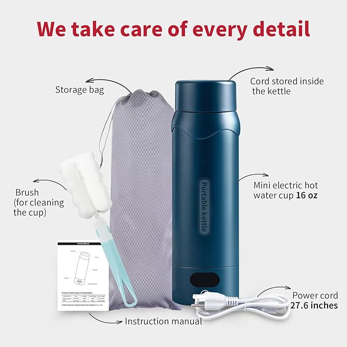 Insulated Stainless Steel Travel Electric Kettle Small, Smart Water Bottle with 4 temperature control, Leak-Proof, Mini Travel Essentials Portable Office Gifts for Tea Lovers, Dark Blue