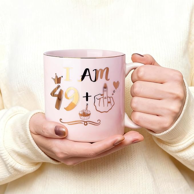 ALBISS Funny 50th Birthday Gifts for Women, 14oz Pink Marble Ceramic Coffee Mug with Gold 49+1 Sassy Hand Design, Elegant Turning 50 Gift for Her, Greeting Card & Gift Box Included